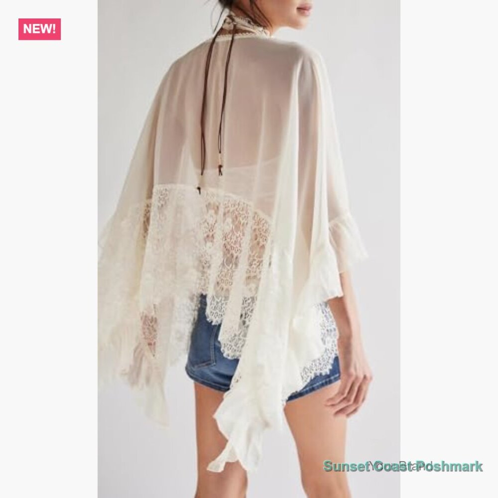 Sheer Poncho Top Batwing Sleeve V Neck Lace Ruffle Blouse - Picture 4 of 4